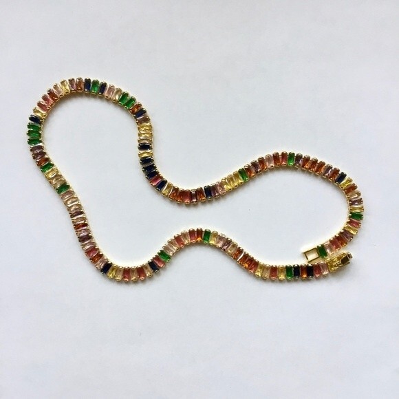 New! Baguette Multi Color Rainbow Gemstone Goldtone Choker Necklace - Picture 6 of 7